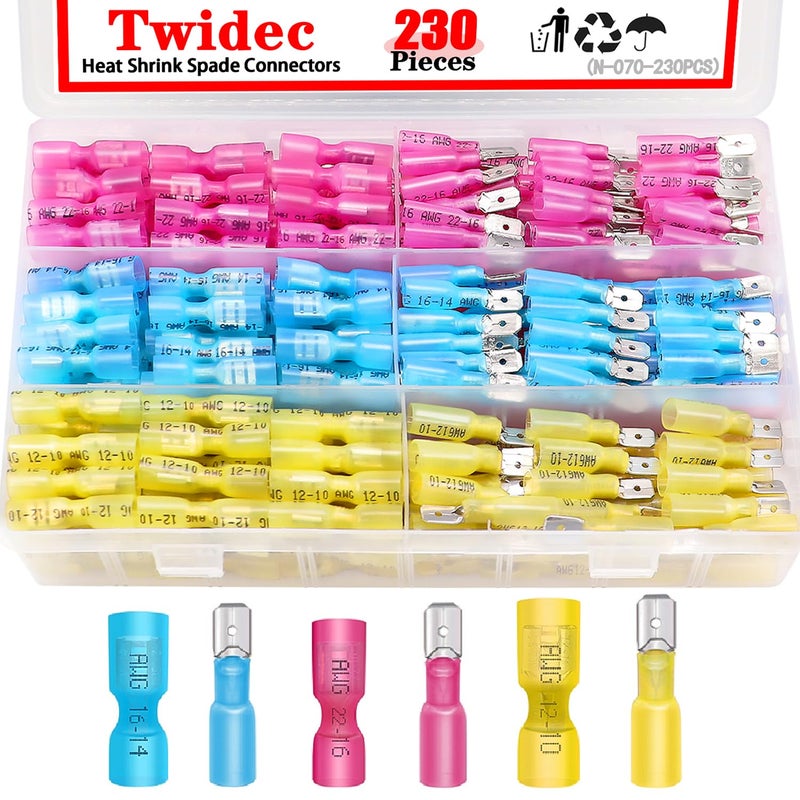 Twidec /230PCS Heat Shrink Spade Connectors Kit 22-10 AWG Female and Male Spade Terminlas Quick Disconnect Connectors Fully Insulated Electrical Wire Crimp Connector for Automotive Marine - Image 1